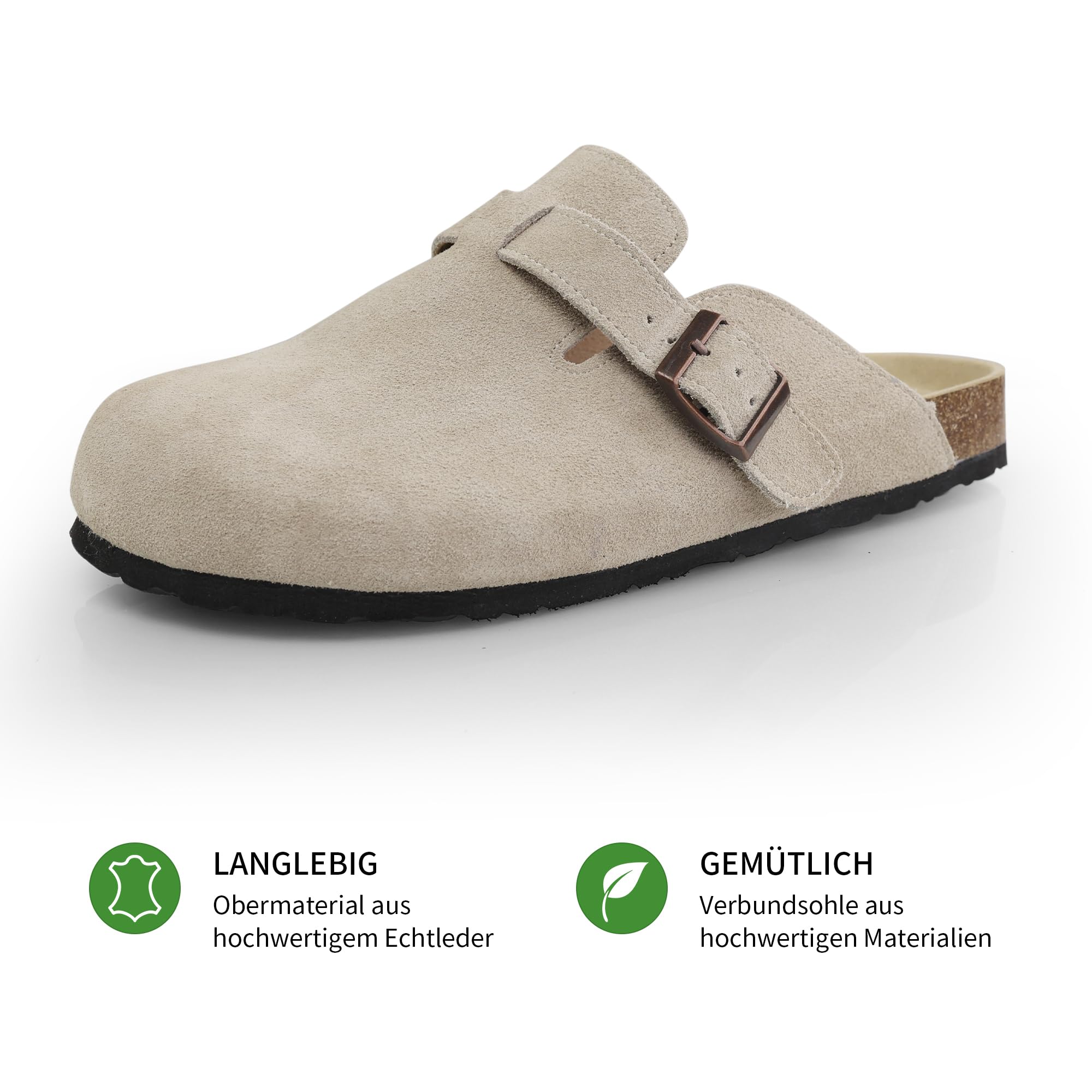 Damen Herren Pantoffel Pantoletten Gartenschuhe Echtleder Clogs geschlossene Hausschuhe mit Kork-Fußbett Sommer Latschen