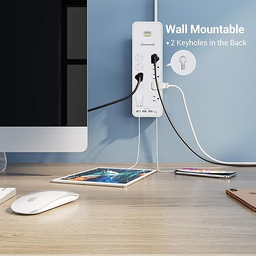 Vista 6 de DEWENWILS Regleta de protección contra sobretensiones de 10 salidas con 4 puertos USB, cable de extensión de 15 pies de largo, enchufe plano