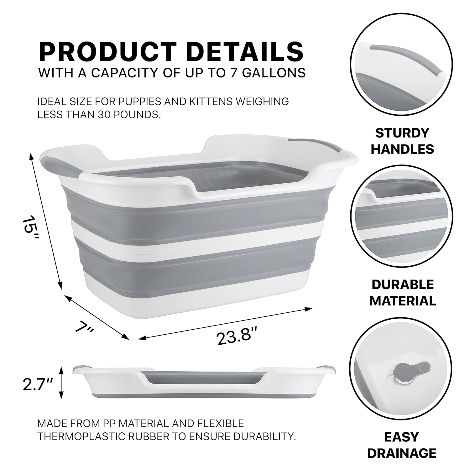 Collapsible Pet Bathtub with Water Drainage Hole and Plug - Foldable Plastic Basket, Wash Basin, Washing Station for Small Dogs Cats, Space Saving, Organizer, Bucket, Bin, Storage