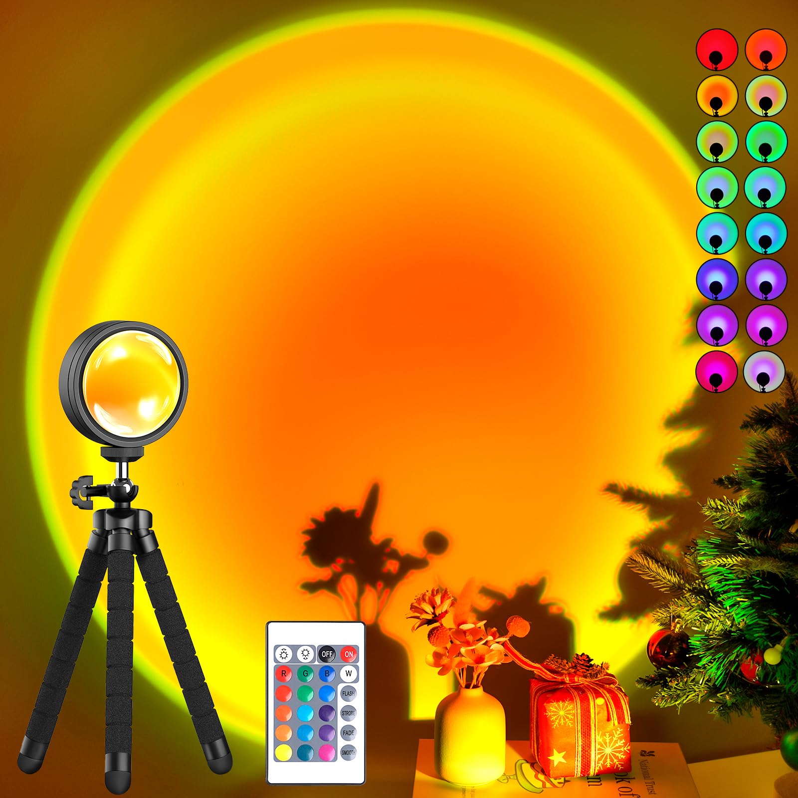 Balkwan Sunset Lamp with Projection Rotation, Rainbow Romantic LED Projection Lamp, Red Light with USB Modern Floor Stand for Living Room Bedroom (16 Colors)