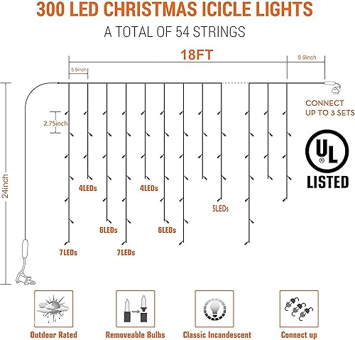 Miniatura 7 de Lomotech Luces de carámbano de Navidad, 18 pies, 54 gotas, 300 unidades, incandescentes, conectables, impermeables, para decoraciones navideñas