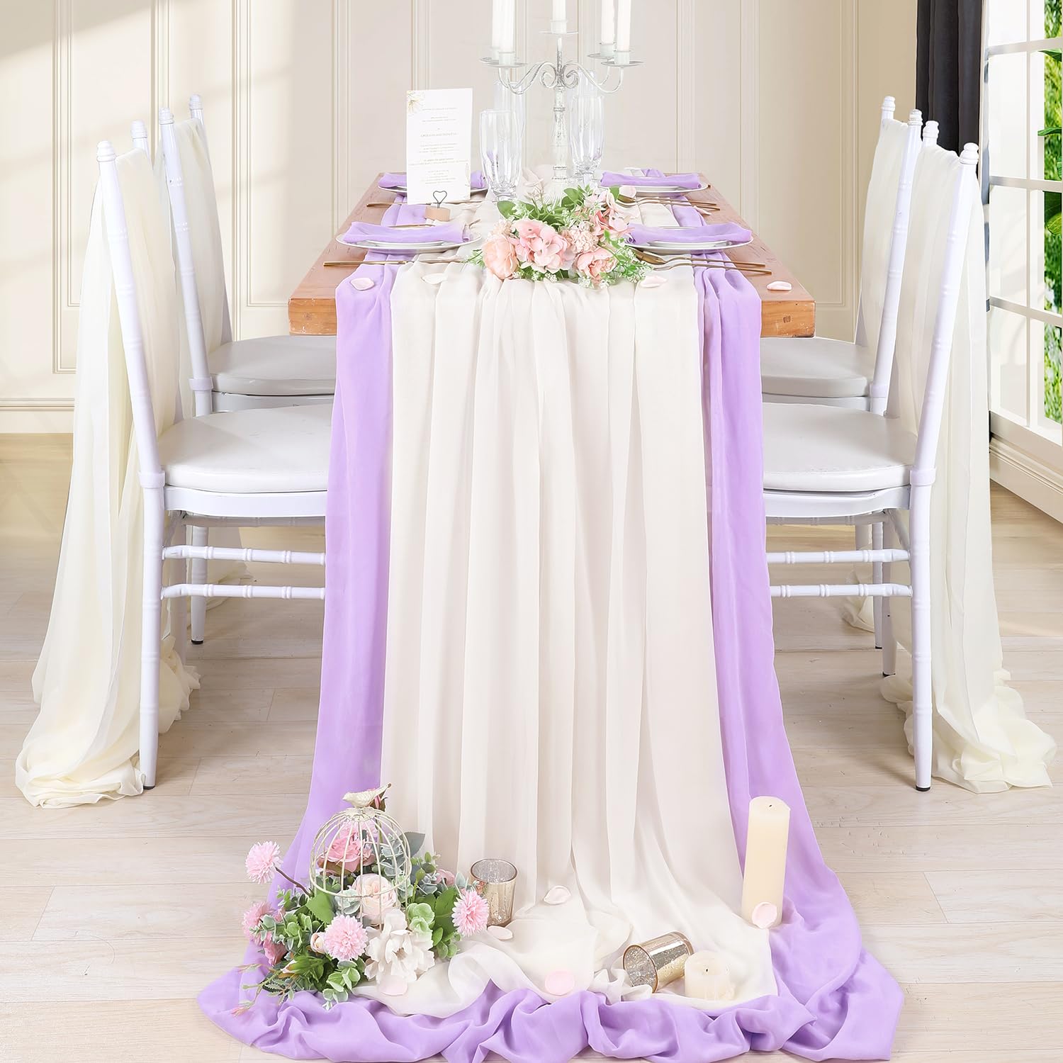 Beige Table Runner Wedding Decorations: 27x120 Inches Sheer Chiffon Fabric Bridal Party Romantic Wedding Reception Decorations 5 Pieces 10FT
