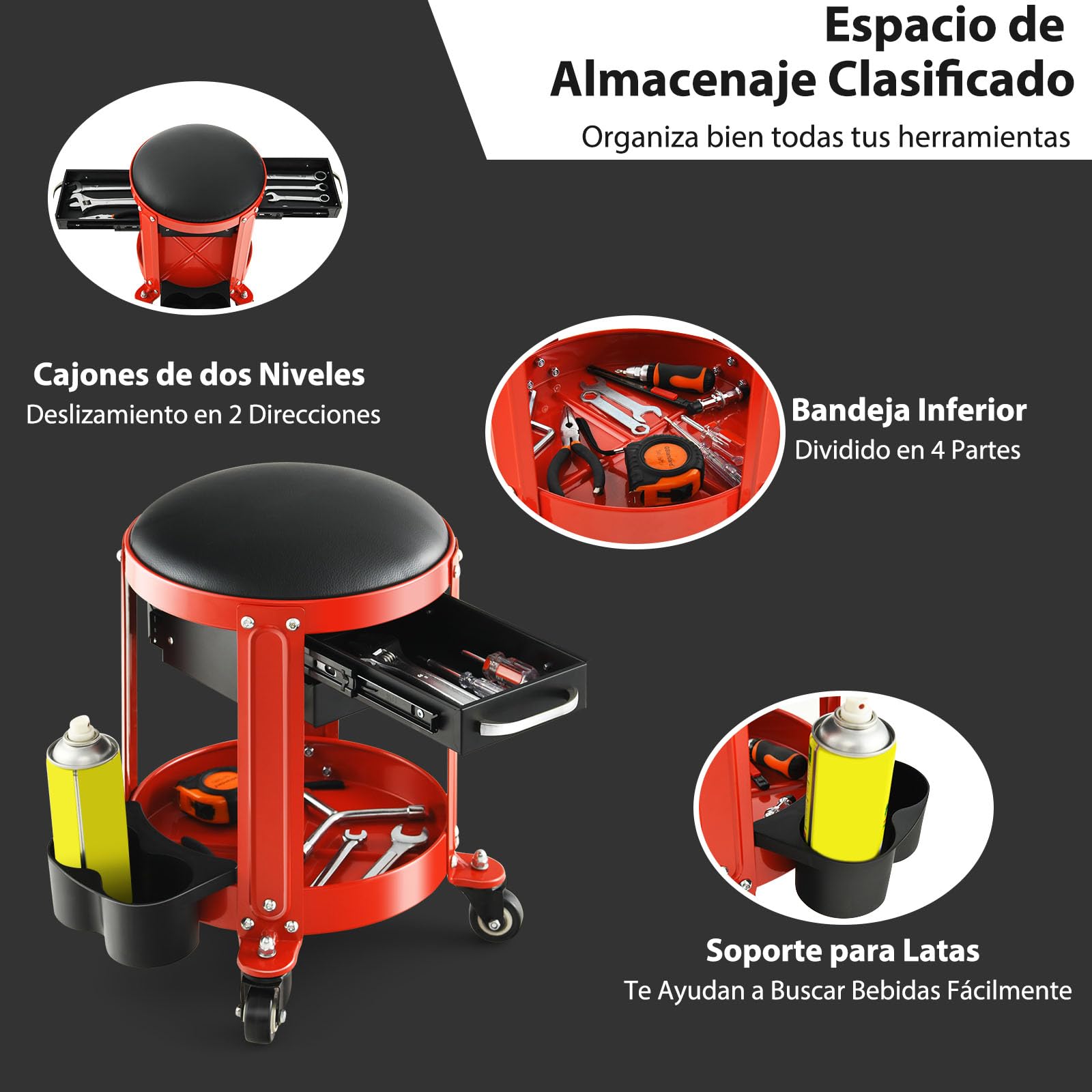 GYMAX Taburete Taller con Ruedas, hasta 150 kg, Taburete con Ruedas con Cajones Dobles, Soporte para Latas y 4 Ruedas Universales, Taburete Mecánico con Bandeja para Taller y Garaje