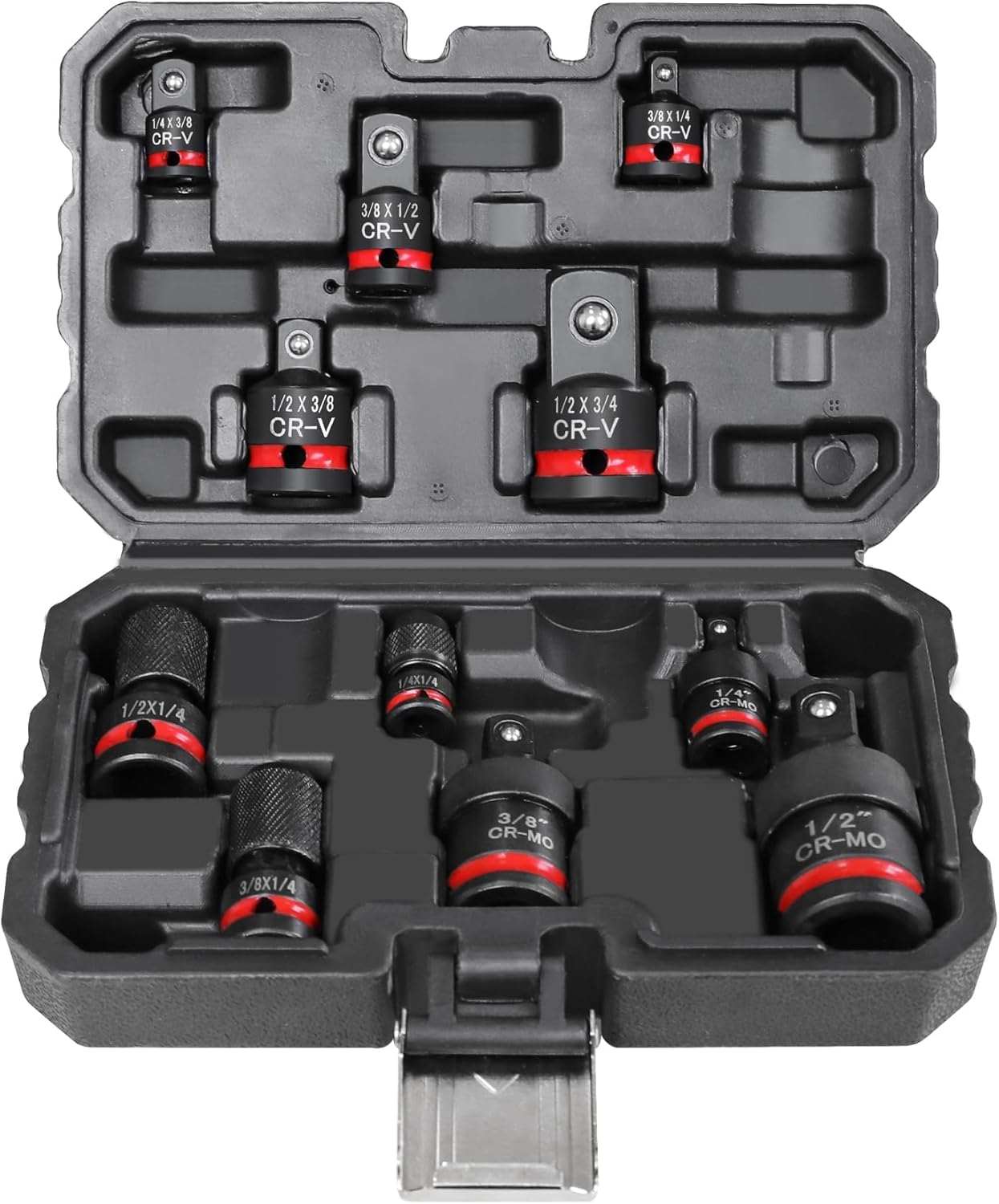 Kit da 11 Pezzi Adattatore e Riduzione per Bussola ad Impatto, Prolunghe e Giunto Cardanico in CR-V/CR-MO, 1/4" 3/8" 1/2" per Chiave a Cricchetto, Avvitatore, Chiave Dinamometrica, con Astuccio