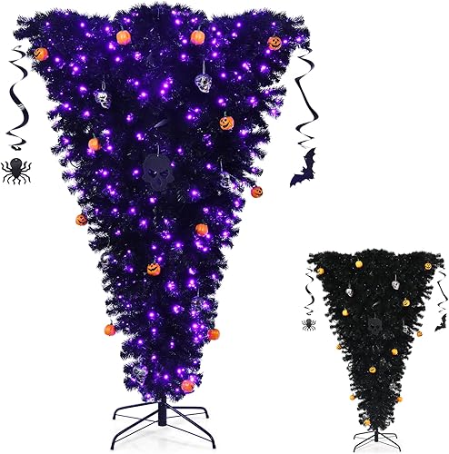 Happygrill Árbol de Navidad artificial morado de 6 pies, árbol de Halloween morado preiluminado con 400 luces LED naranjas y adornos de calabaza,