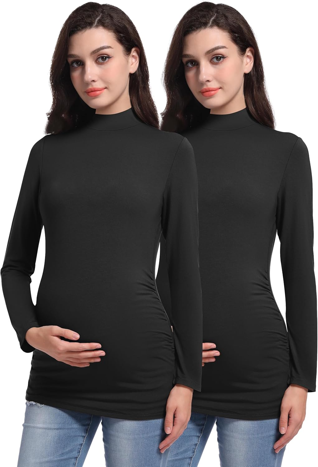 V VOCNI Maternity Shirts Long Sleeve Mock Neck Tshirt Maternity Tops Ruch Sides Pregnancy Tee Top