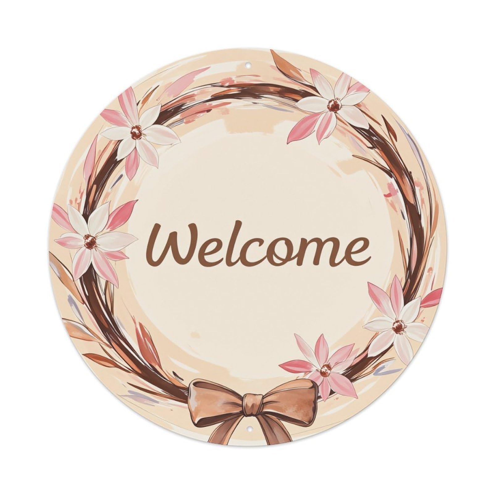 Floral Wreath Welcome Bow Pattern Round Tin Sign Vintage Metal Poster, Home Bar Garage Man Cave Cafe Indoor & Outdoor Wall Decoration 8x8Inches