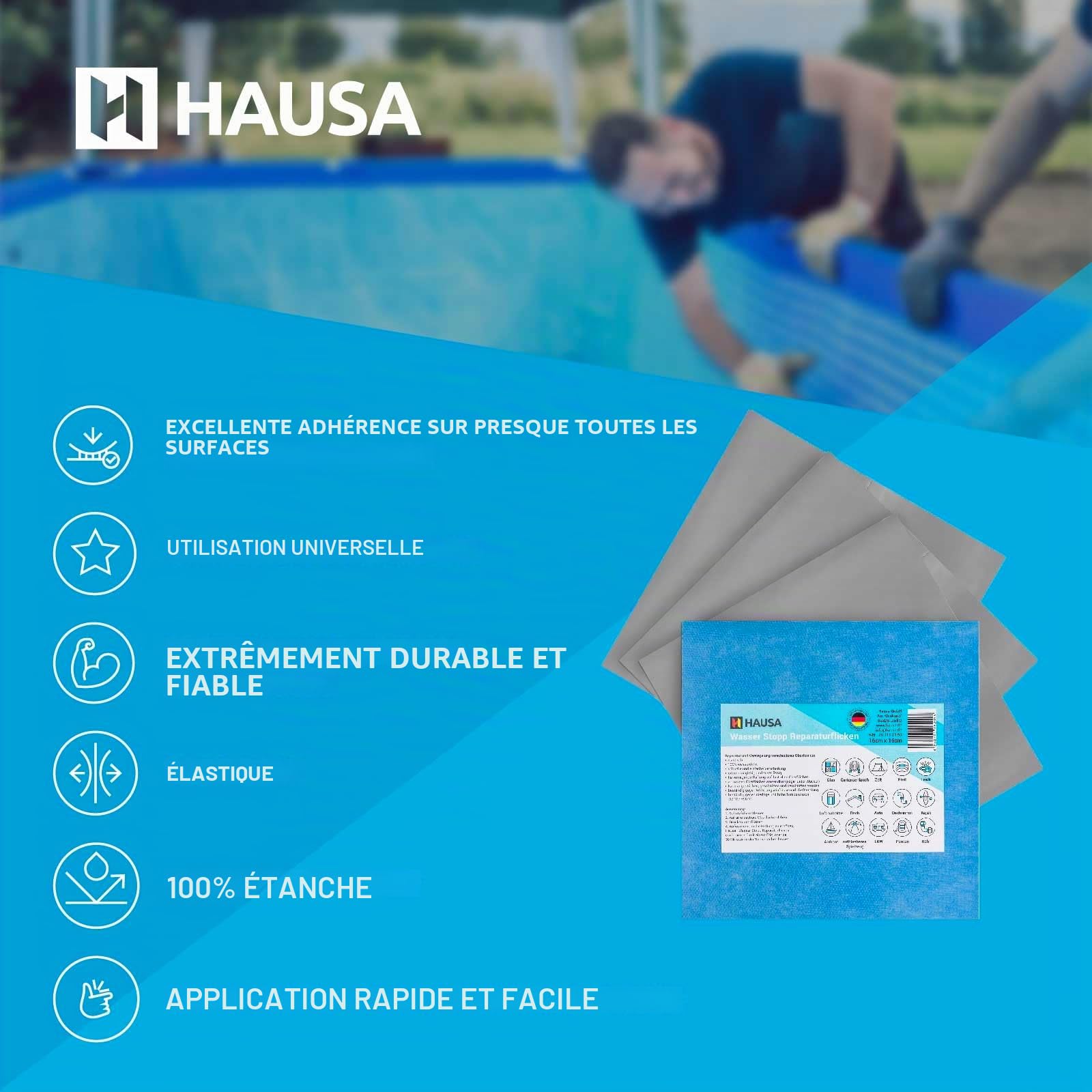 Hausa Pool Repair Water Stop Patch de réparation HWSR 16x16cm Patch autocollant bande d'étanchéité pansement pour toutes les surfaces pour étanchéifier réparer même sous l'eau 10 pièces