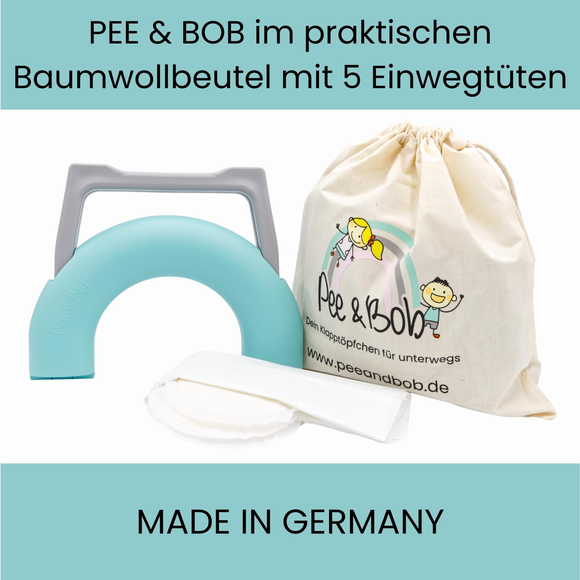 Pee & Bob Dein Töpfchen für unterwegs | Klein & Leicht, Haltbar und Stabil und Made in Germany | Mit Kindern immer und überall eine saubere Toilette, inkl. 5 Einwegtüten [Mint]