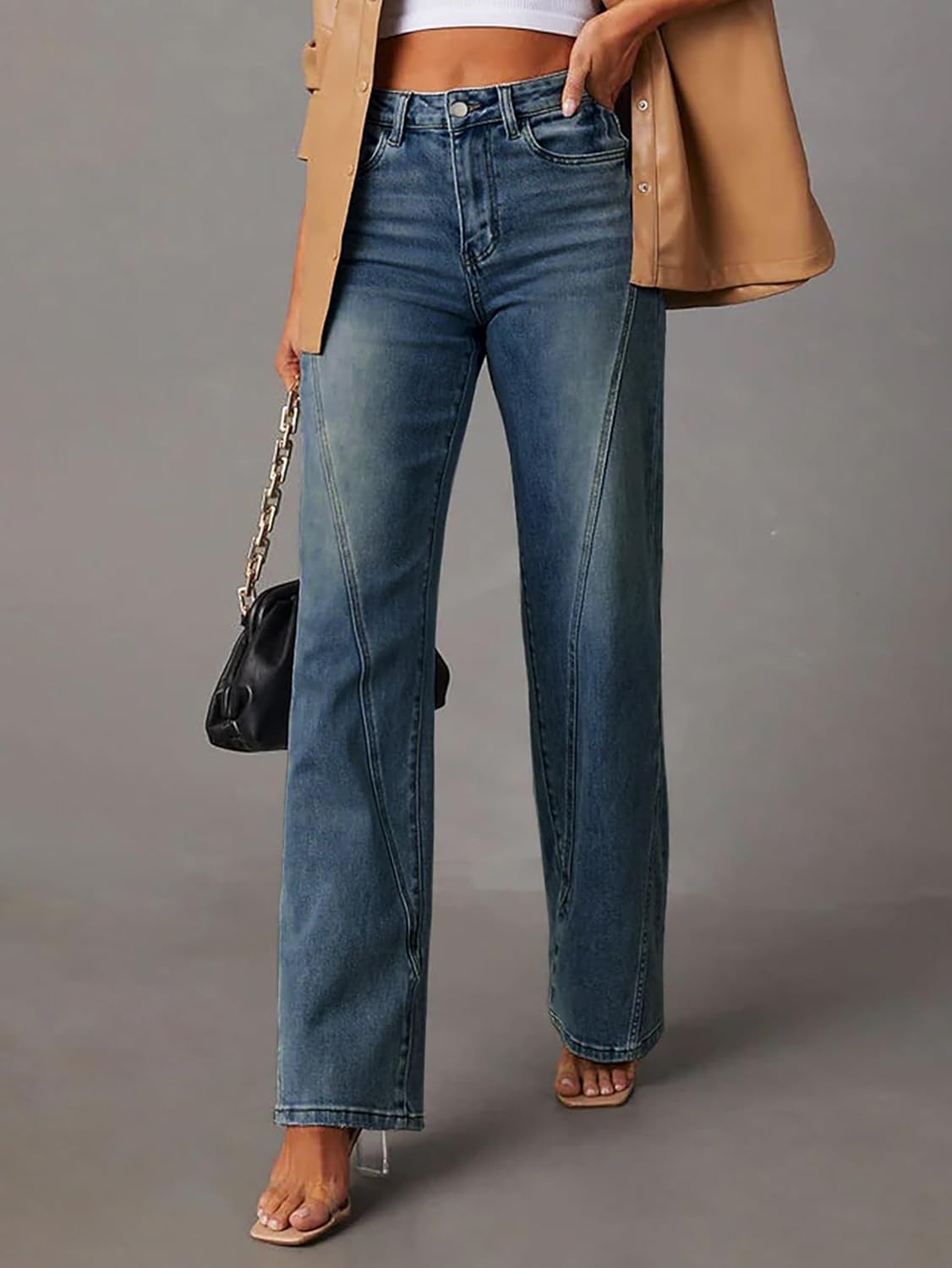 JOKELAMB Womens Wide Leg Jeans Mid High Waisted Baggy Straight Leg Stretchy Denim Pants Seamed Long Trousers, Denim Blue, Medium - Image 2