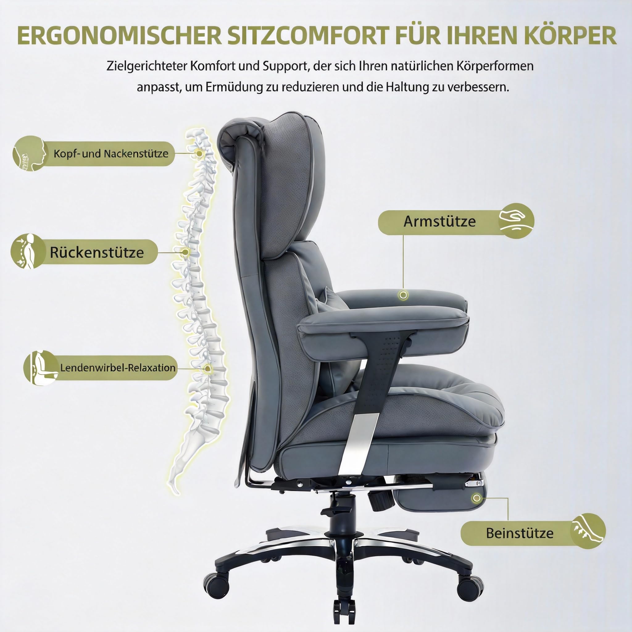 Efomao Bürostuhl, Ergonomischer Gaming Stuhl mit Kopfstütze-Design (X X), Gamer Sessel PU-Leder bis 200kg mit Fußstütze & Lendenkissen, Höhenverstellbarer Schreibtischstuhl
