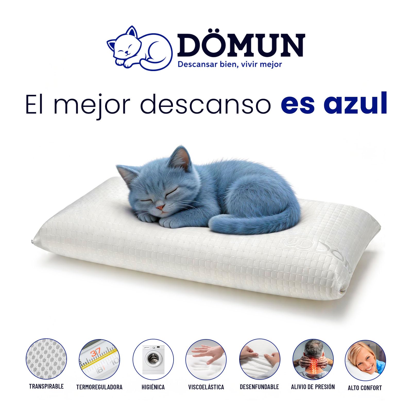 Almohada Viscoelastica 135 cm DÖMUN Original, Almohada Cervical Ergonómica Aloe Vera para Dormir, Memory Foam Transpirable, Almohada 135 cm Fabricada en España