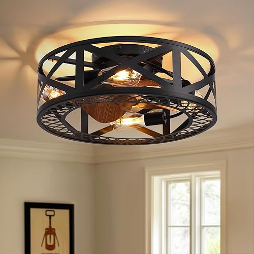 MOOONICHE Ventiladores de techo enjaulados con luces, ventilador de techo moderno de perfil bajo con control remoto de luces, ventilador de techo
