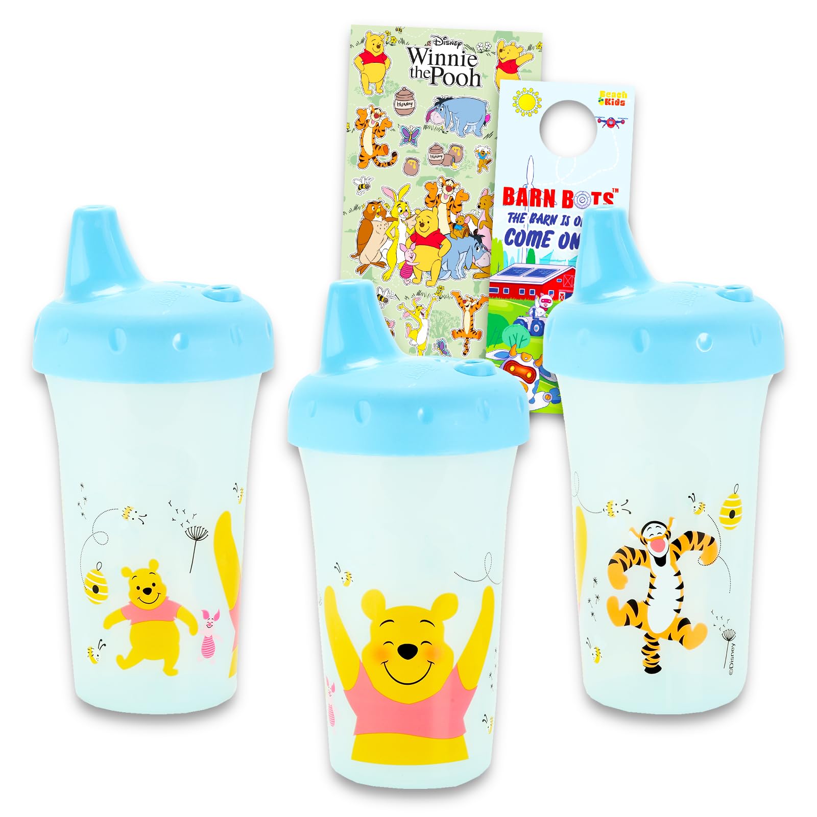 Disney Winnie Puuh Schnabeltassen-Set für Kinder, Set mit 2 Pooh-Bären, auslaufsicher, Schnabeltassen und Aufklebern für Kleinkinder