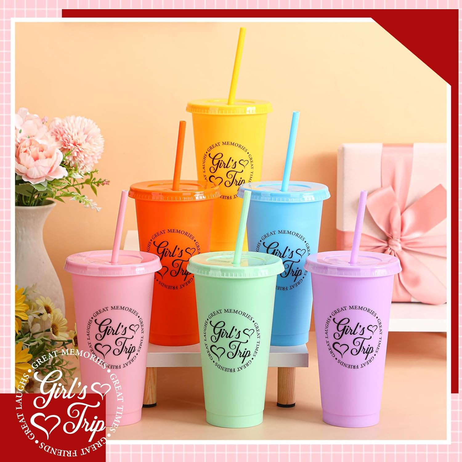 CHENGU 6 Set Girls Trip Gifts Favors Weekend Gifts 2026 for Girls Women Trip Cup with Lid Straw 24oz Plastic Tumbler Travel Friendship Cup for Friend Bachelorette Vacation Party (Colorful) - Image 4