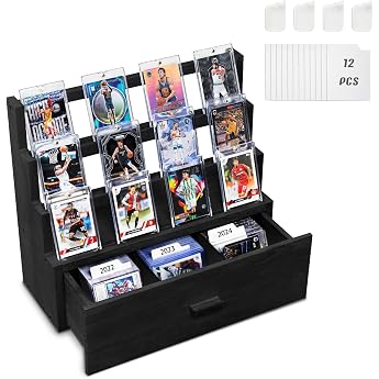 Trading Card Display Stand with Drawer 3-Tier Wooden Trading Card Storage with Card Holder and Adjustable Compartments Card Holder Display for Sports Cards Black