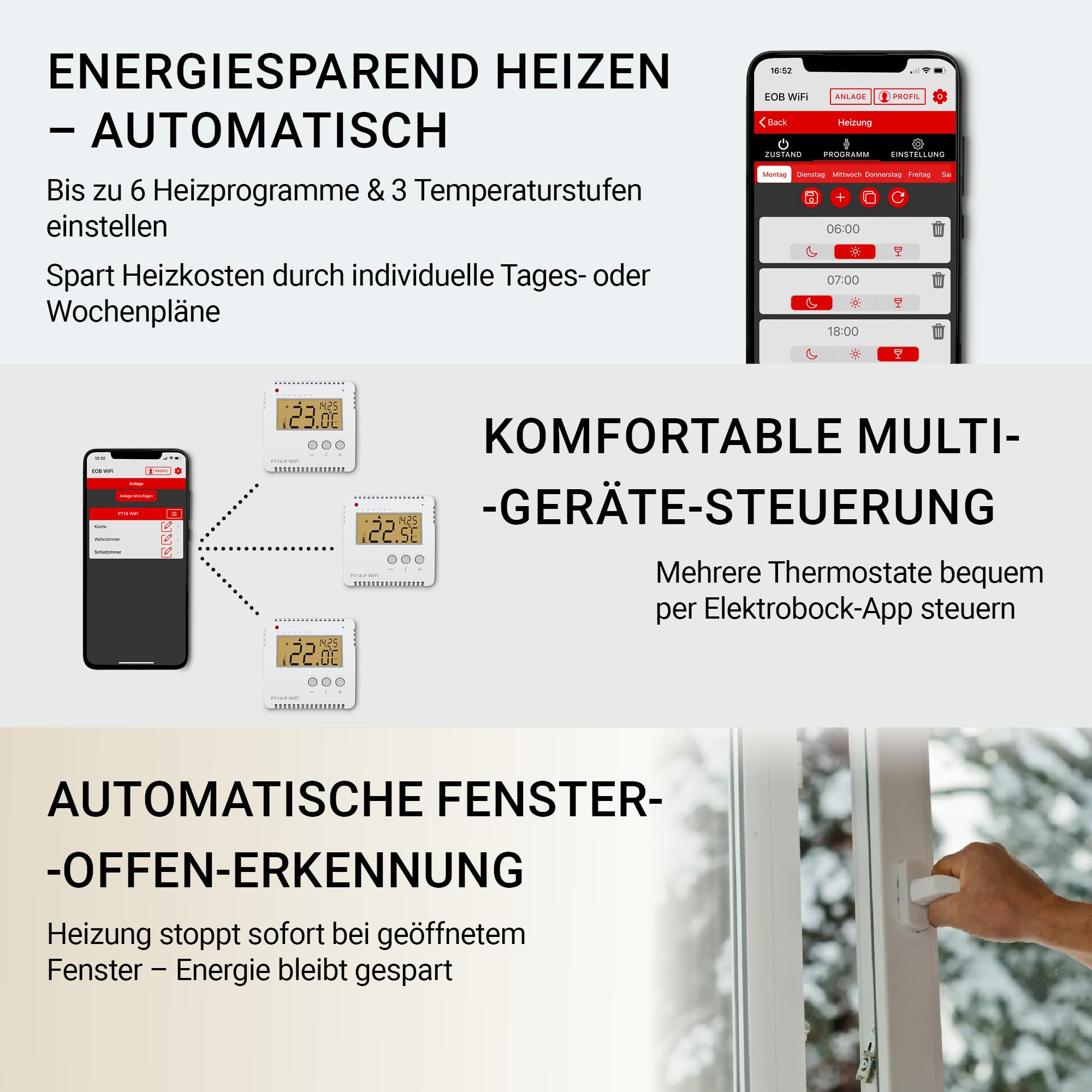 ELEKTROBOCK PT14-NP-P WiFi – inteligentny termostat pokojowy WLAN 230 V – sterowanie ogrzewaniem za pomocą aplikacji – montaż natynkowy – 16 A bez potencjałów – regulowane programy tygodniowe i