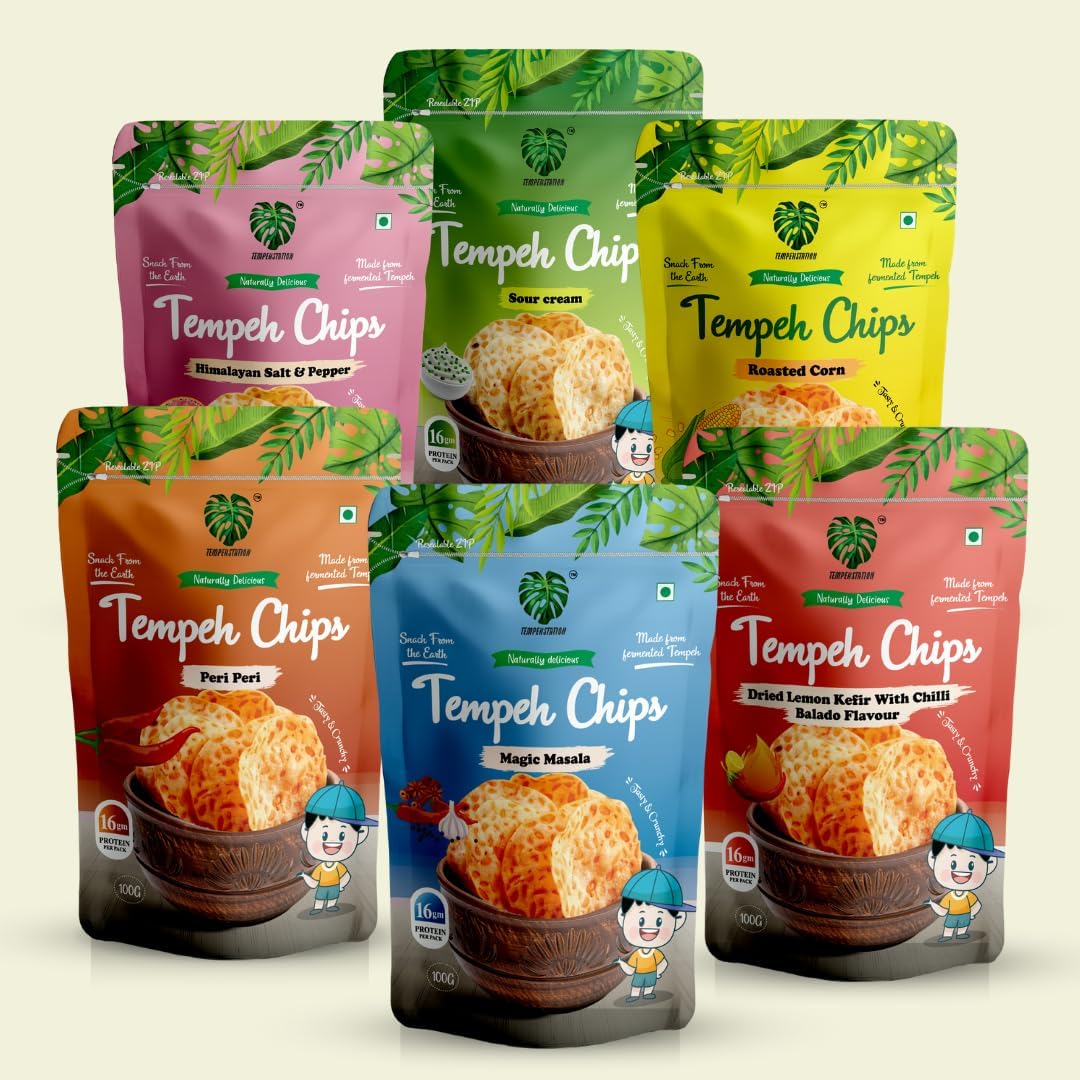 TEMPEHSTATION Tempeh Protein Chips |High Protein Assorted Tempeh Chips Pack Of 6 x100 gms =600 gms Entire Collection (variation two )-100% Vegetarian/Vegan Protein | Gluten Free | Gut-Friendly | High Fiber | Low Carb| No Maida