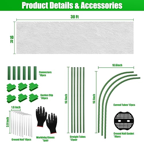Miniatura 4 de Cubiertas para plantas de protección contra la congelación, kit de 10 x 30 pies con 6 aros de jardín y clips, 1.05 ozyd2, mantas de tela de escarcha