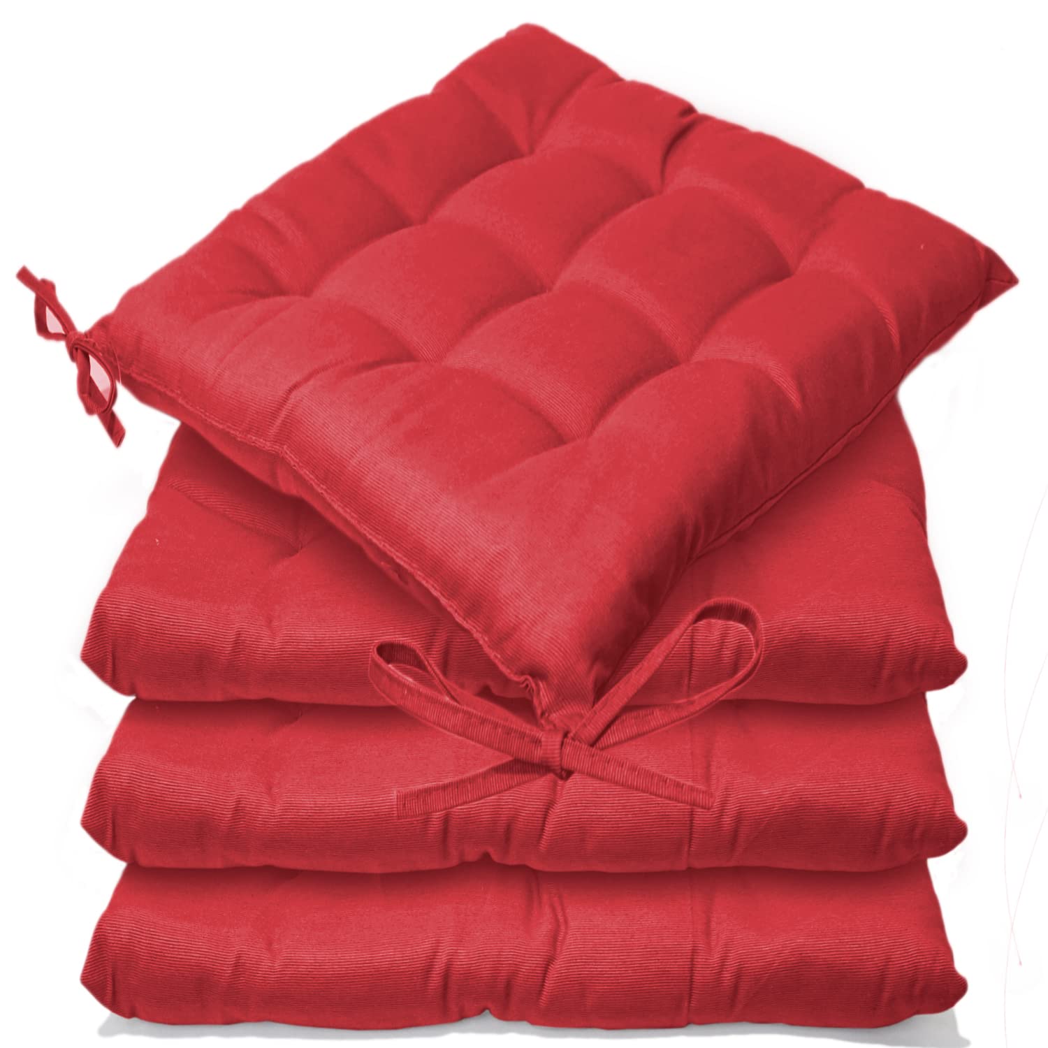 Casabella Pack of 4 Seat Pad for Dining Chair Garden Kitchen Chair Cushion With Tie On_9 Stitch_Red Indoor/Outdoor Comfortable chair pads for Kitchen seat pads 9 stitch cushions