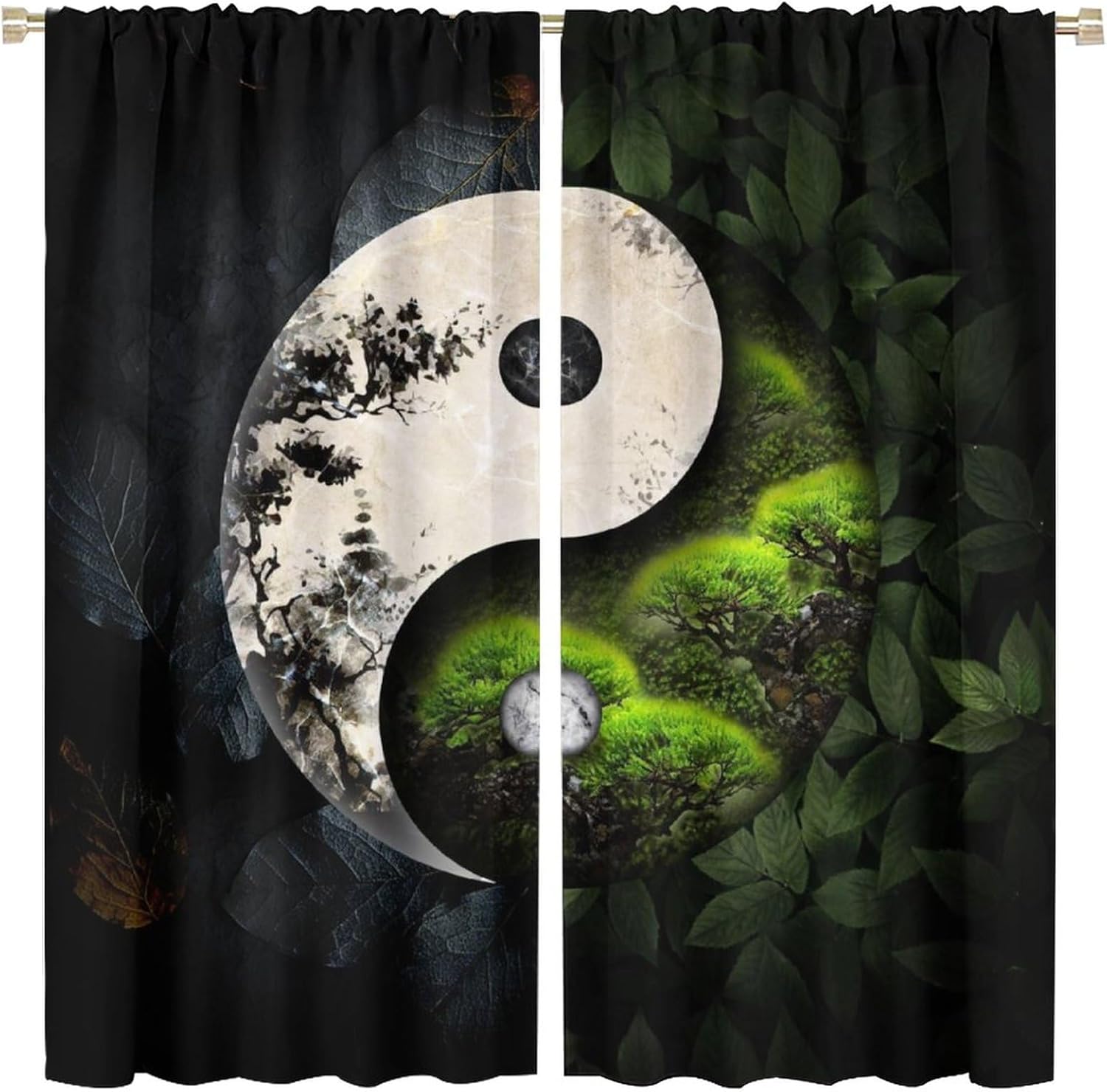 Rustic Yin Yang Blackout Curtains for Bedroom, Vintage Chinese Ink Misty Forest Full Moon Floral Trees Rod Pocket Thermal Insulated Room Darkening Curtains Window Drapes 2 Panels 63" L x 31.5" W