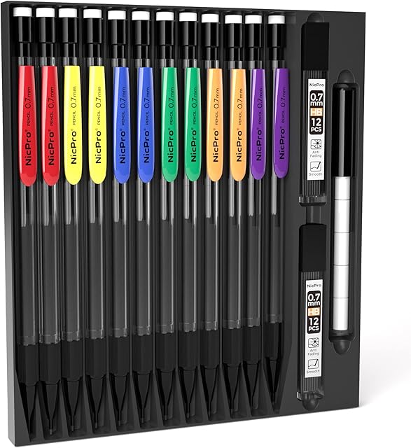 Nicpro 12 PCS 0.7mm Mechanical Pencil Set, Retractable Colours Pencil Clips Drafting Pencil with 2 Tubes 0.7 mm HB Lead Refills, 6 Eraser Refills for Student Writing, Drawing, Sketching