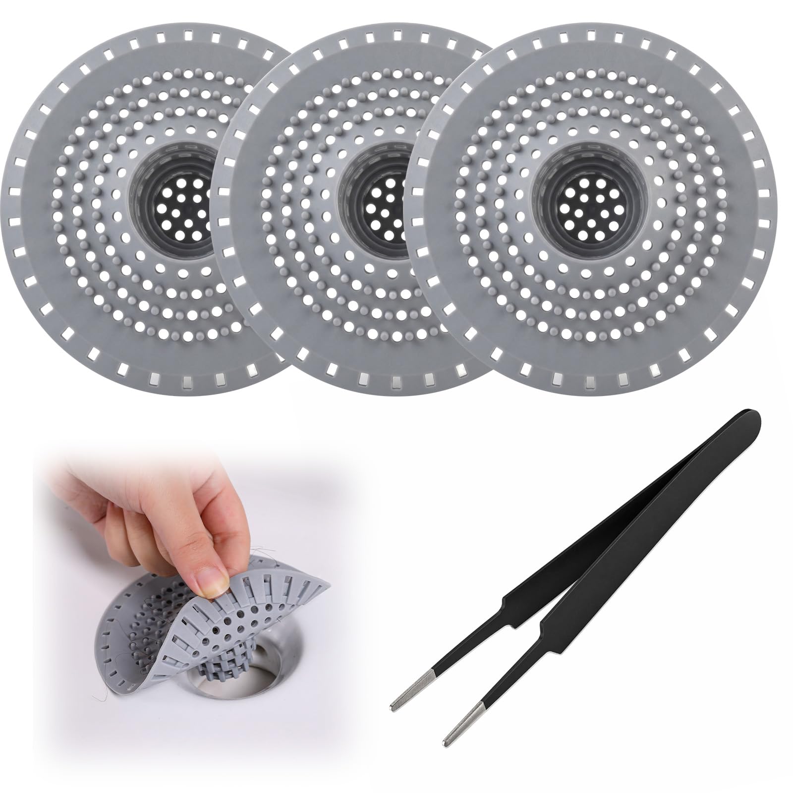 3 Pcs Silicone Shower Drain Cover & Hair Catcher with Tweezers, Dual-Filter Sink Strainer Protector, Anti-Slip Reusable Drain Hair Catcher for Bathroom, Bathtub and Kitchen Accessories