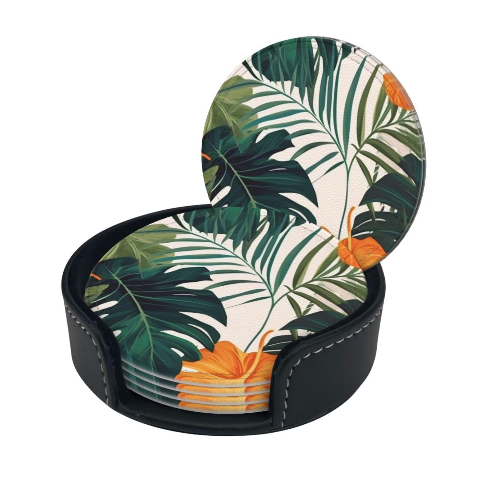 Stylish Coasters - Tropical Summer Hawaiian Flower Palm Leaves Set of 6 Round Leather Drink Coasters with Holder - Perfect Size for Cups and Glasses