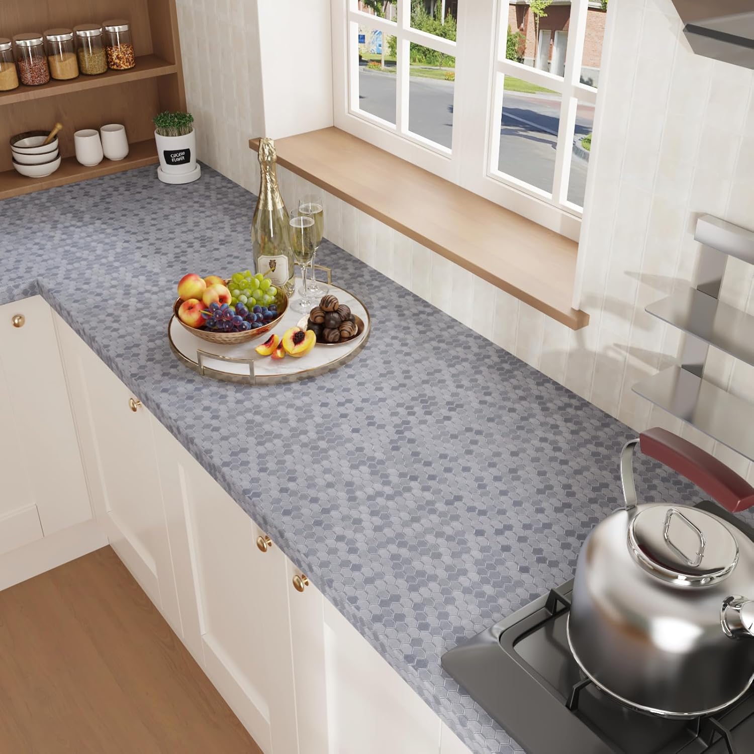 CRE8TIVE Thick Silver Grey Metallic Wallpaper for Kitchen Wallpaper Peel and Stick Textured 12"x354" Self Adhesive Hexagon Honeycomb Metal Contact Paper for Refrigerators Dishwashers Backsplash Walls