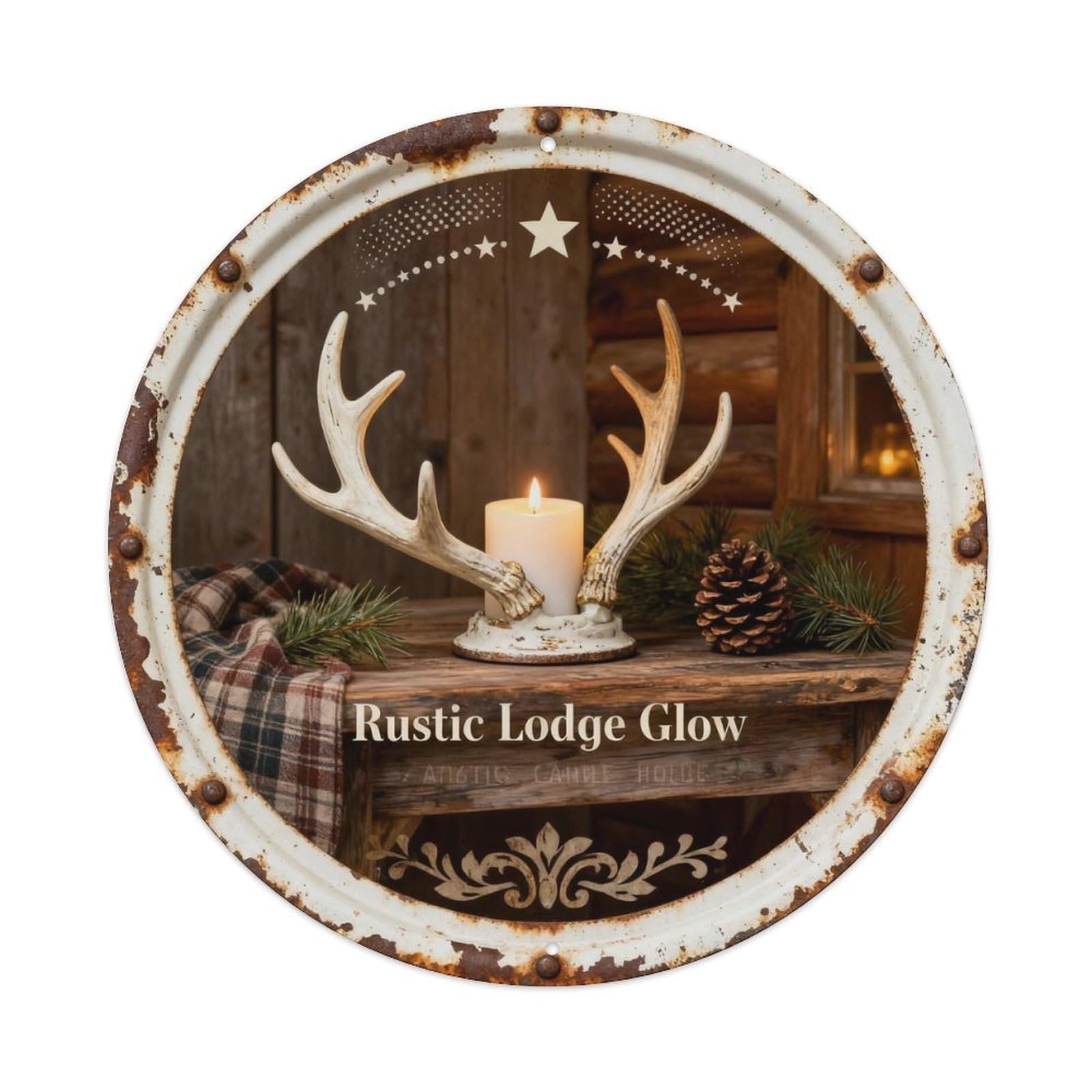 Cabin Antler Candle Holder Metal Tin Sign Plaque