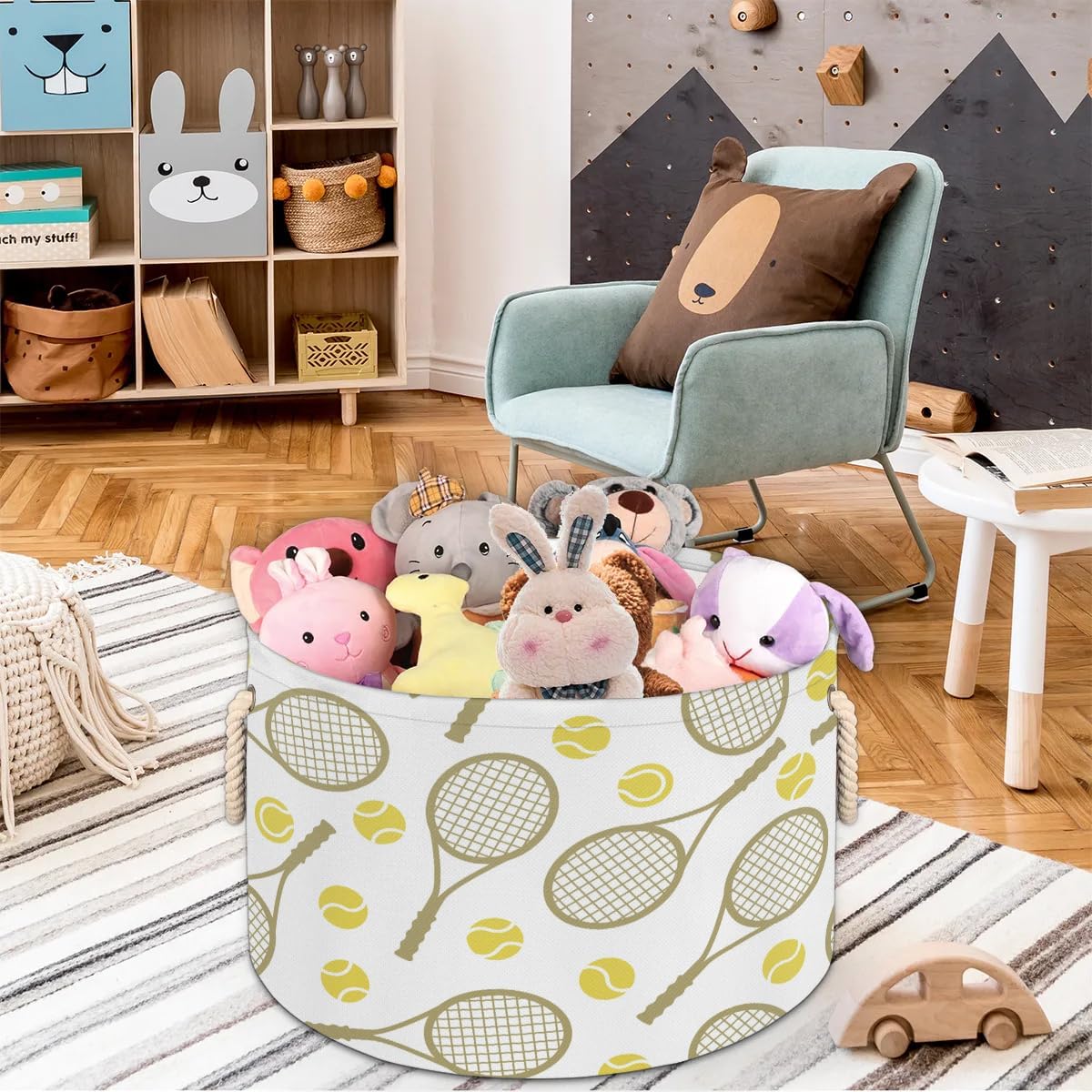 Pardick Large Round Storage Basket Sports Tennis Collapsible Circle Storage Bin Laundry Hamper With Handle for Kids Boy Girls Toy Bedroom Living Room Nursery Home Room Decor Storage Organizer