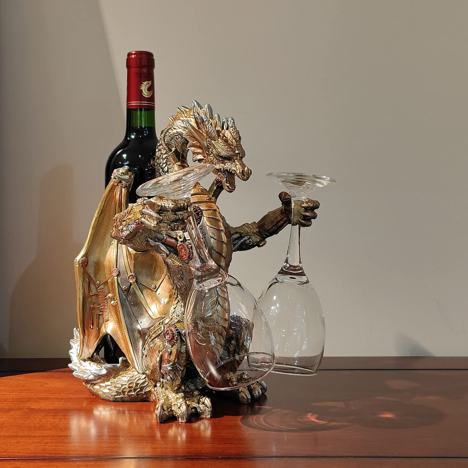 Steampunk - Soporte para botella de vino de dragón con dos soportes para copas de vino, estante de vino, decoración gótica, aspecto metálico, para el hogar, decoración de cueva, regalos para 8
