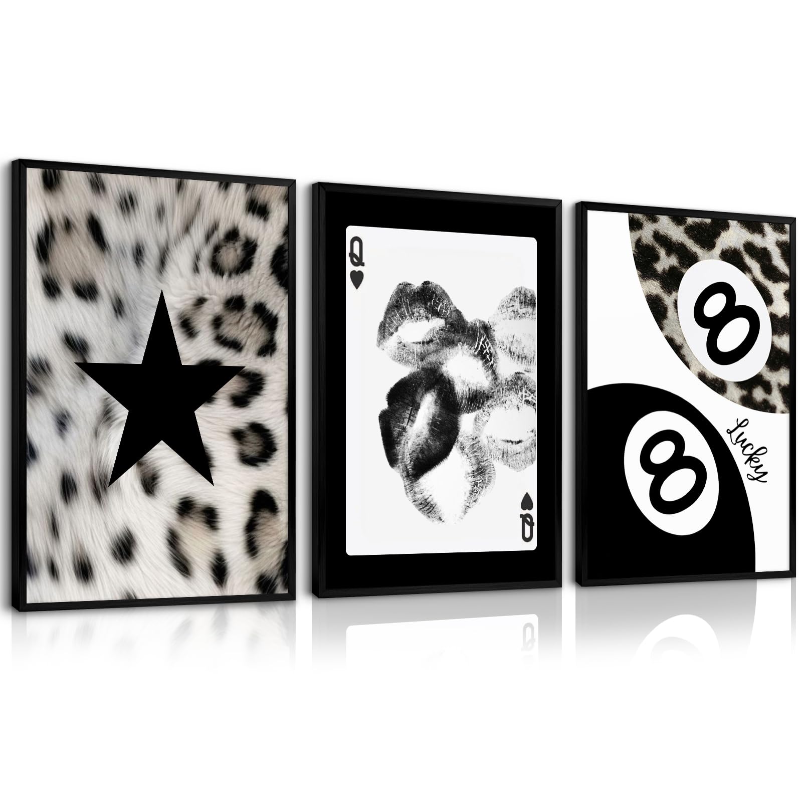 Set di 3 poster da parete senza cornice, motivo leopardo bianco e nero, alla moda, decorazione da parete, motivo ghepardo, 8 palline, stampe fortunate, eleganti carte da gioco per camera da letto