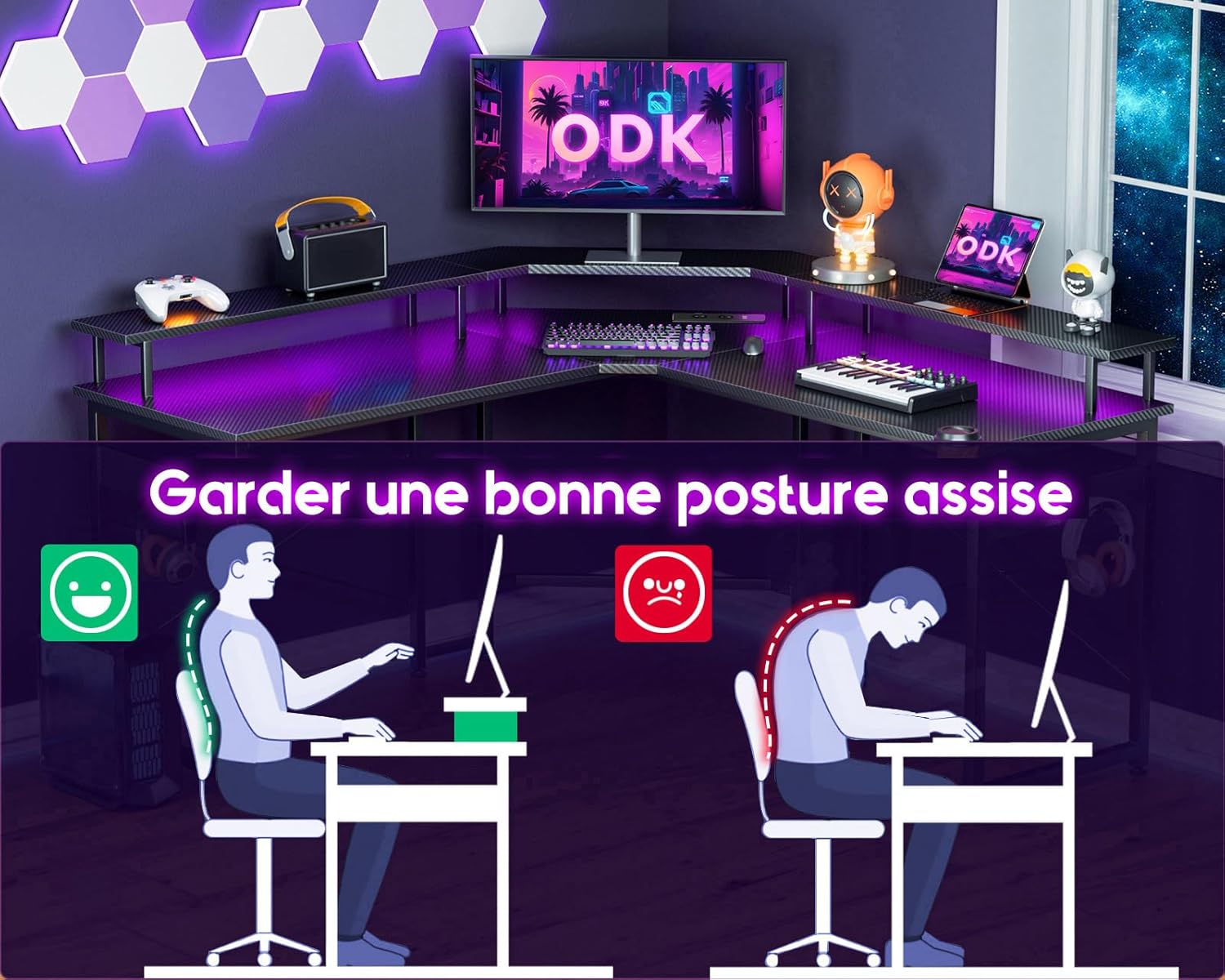 Diagram showing correct and incorrect ergonomic sitting postures at a desk