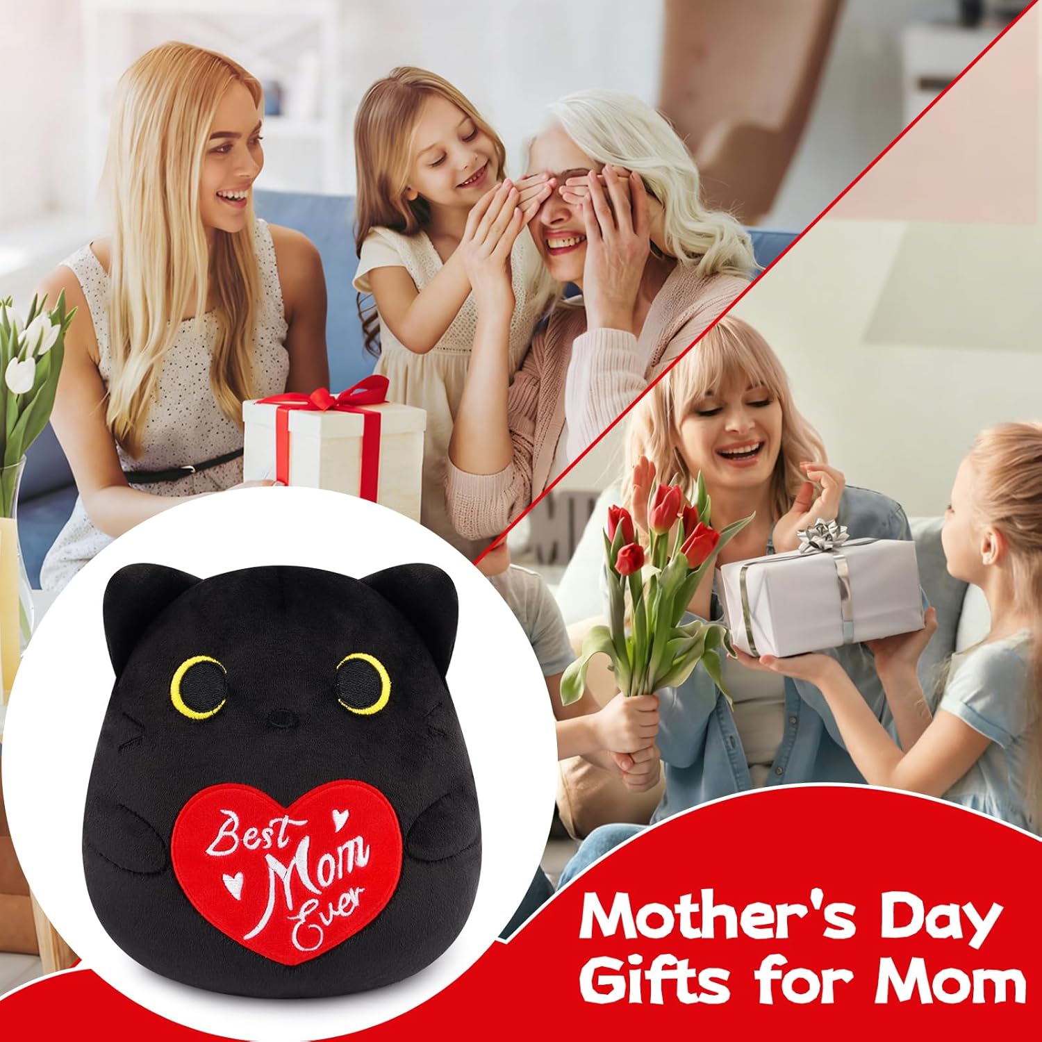 Black Cat Plush,Soft Mother's Day Stuffed Animal with Heart and Best Mom Ever Embroidery, Cute Plush Cat Mom Gifts for Women