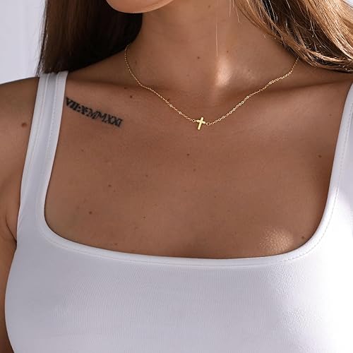 Miniatura 6 de Collar de cruz para mujer, chapado en oro de 14 quilates, collar de cruz lateral, delicado y simple, gargantilla de cruz de plata a la moda, lindo