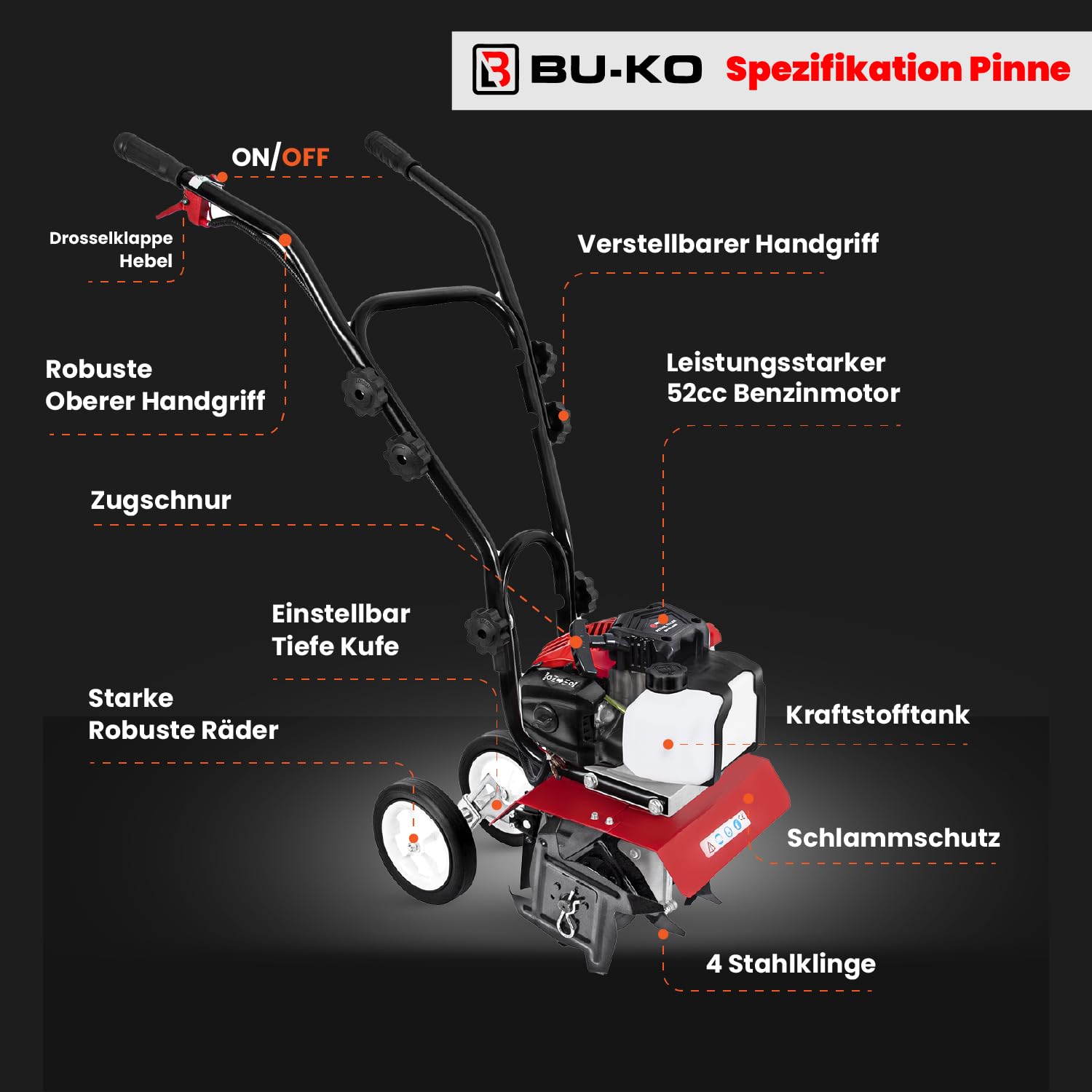 BU-KO 52CC Gartenfräse Benzin 3 PS 2-Takt-Rasenboden bodenhacke Grubber Motorhacke Benzin Leichter kompakter, bodenfräse leistungsstarker Griff mit sicherem Griff 1 Jahre Garantie