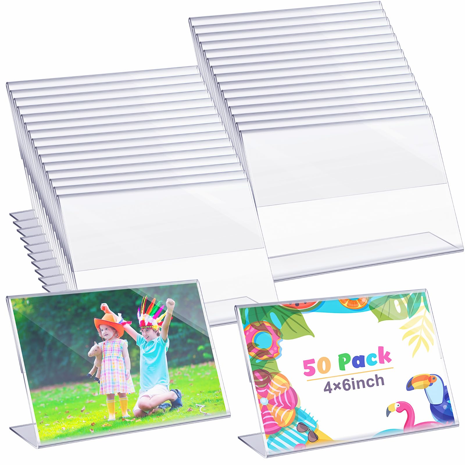 Soaoo 50 Pieces Acrylic Picture Frames Bulk 4 x 6 Inch Plastic Sign Holder Clear Photo Frame Horizontal L Shape Acrylic Slanted Back Plastic Picture Display Stand Flyer Holder for Office Home Desktop