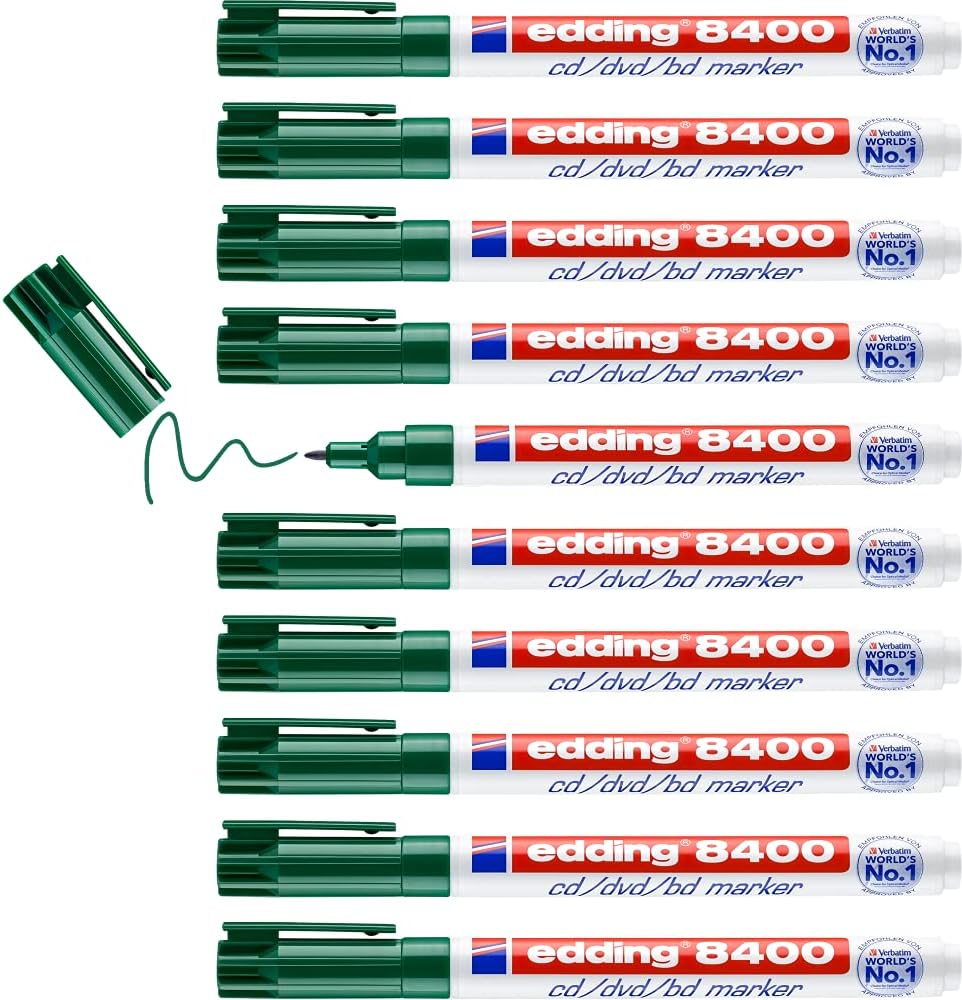 Edding 8400 Cd/DVD/Bd Marker - Red - 10 Pens - Fine Round Nib 0.5-1 Mm - for Permanent Labelling of Cds, DVDs and Blu-Ray Discs