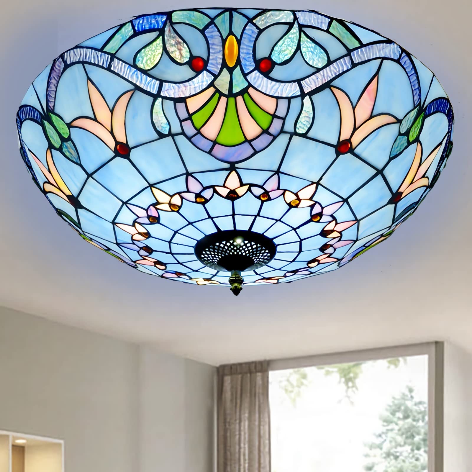 YNIYUJKL Tiffany-Style Ceiling Light Flush Mount, Blue Baroque Stained Glass Shade Ceiling Lamp, Vintage Decor E27 Chandeliers For Bedroom Bathroom Hallway Living Room Kitche