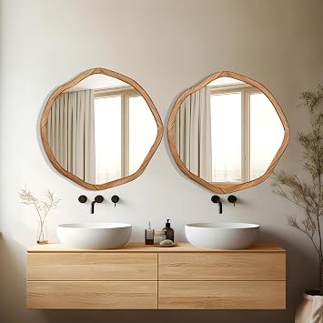 ULIKE Round Wood Mirror, 24 Inch Irregular Circle Vanity Wall Mirror with Wooden Frame, Rustic Decorative Wall Mount for Bathroom Bedroom Living Room Entryway, Rustic Brown