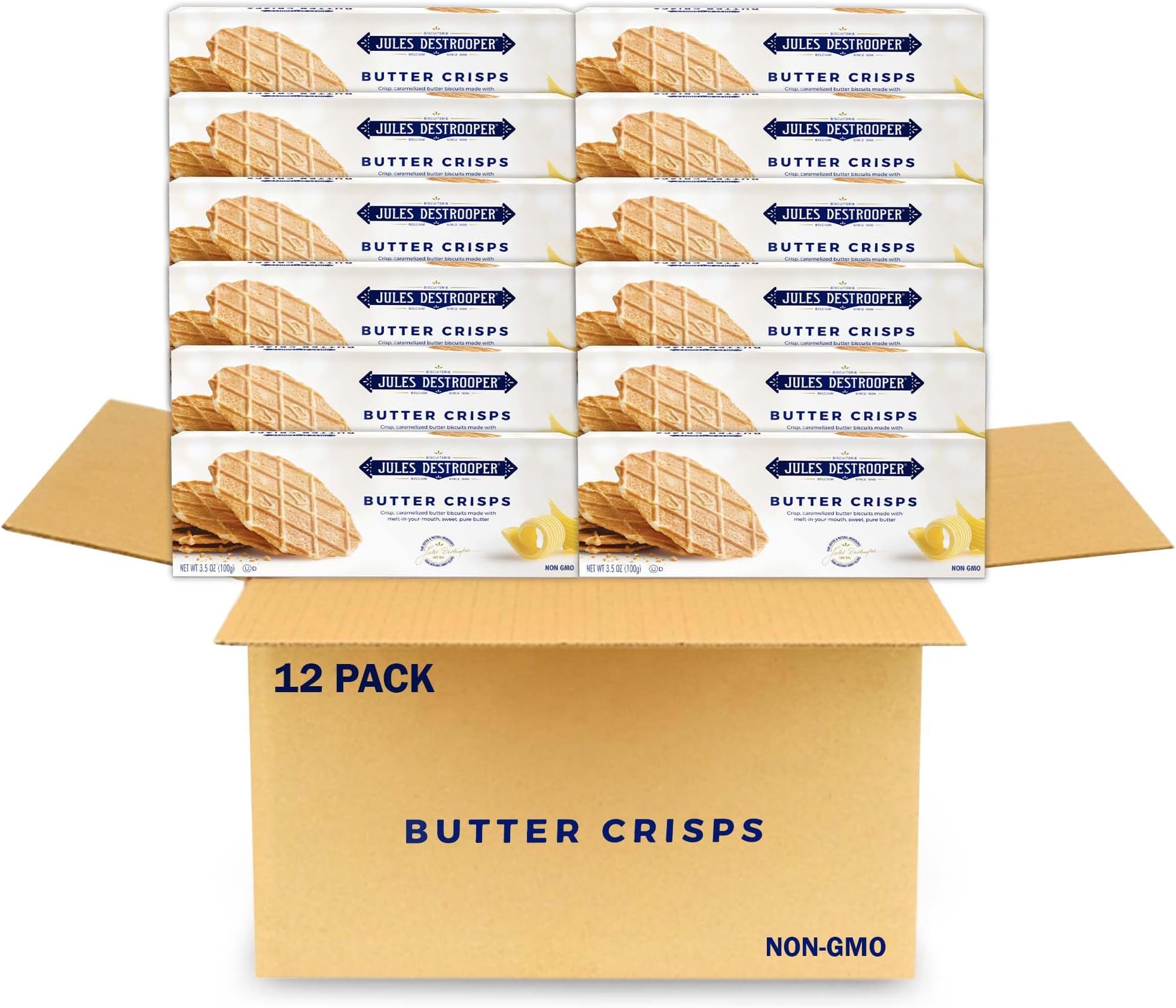 Butter Crisps - Caramelized Waffle Cookies, Certified Kosher Dairy, Non-GMO, Authentic Biscuits Made in Belgium - 3.5 Oz, Pack of 12