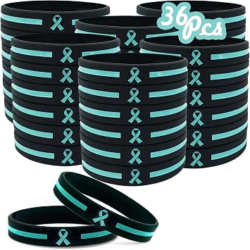 Temogole 36 Pcs Ovarian Cancer Awareness Bracelets Bulk Items Accessories Teal Awareness Ribbon Silicone Wristbands Cervical Cancer Awareness PTSD Products Unisex Wristbands for Men Women Teal
