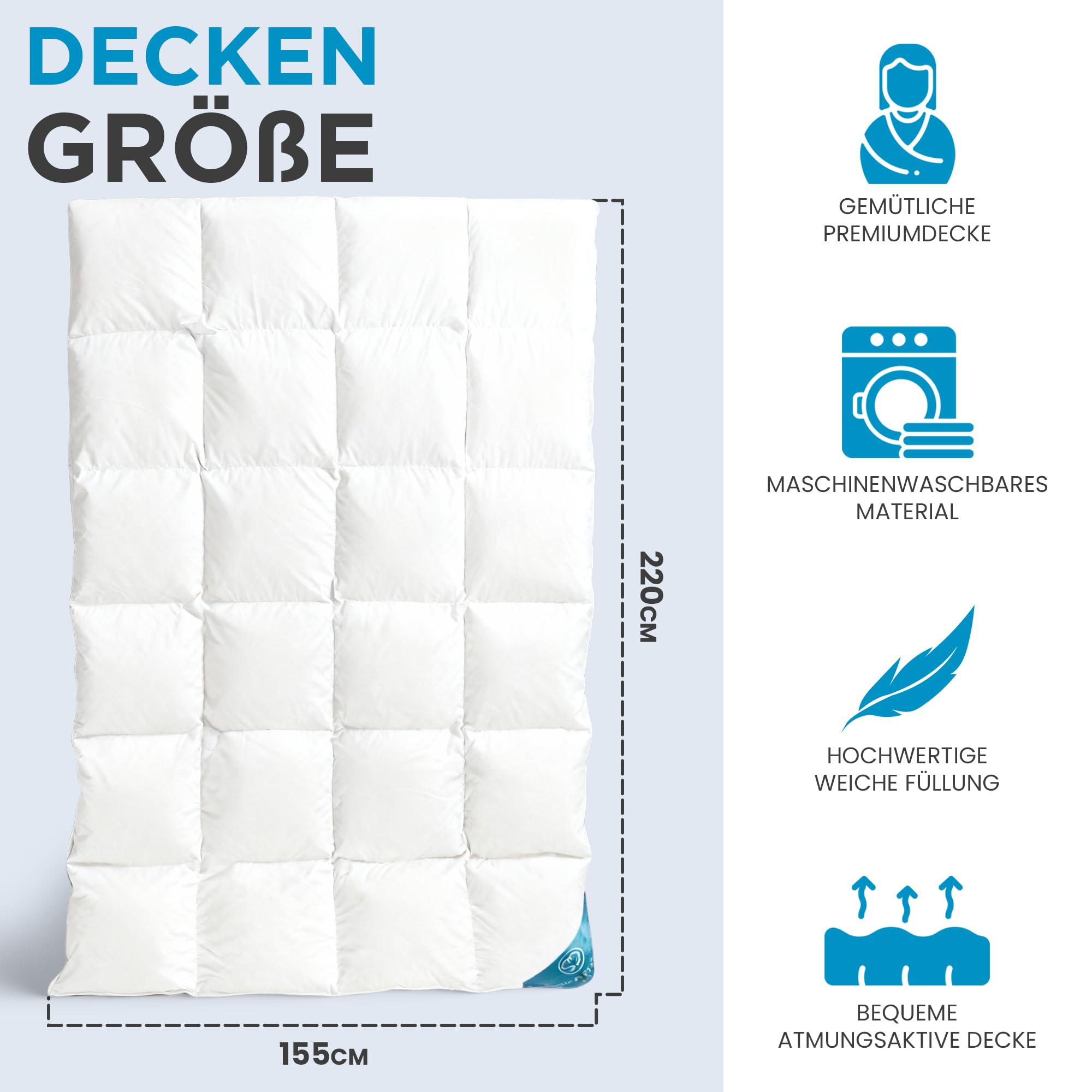 Bettdecke 155x220 | Medium Daunendecke, Ganzjahresdecke 155x220 | Bequeme Duvet| RDS Zertifiziert für Tierwohl, Allergiker | Ganzjahresdecke aus Reiner Baumwolle | 1400g & 100% Natur