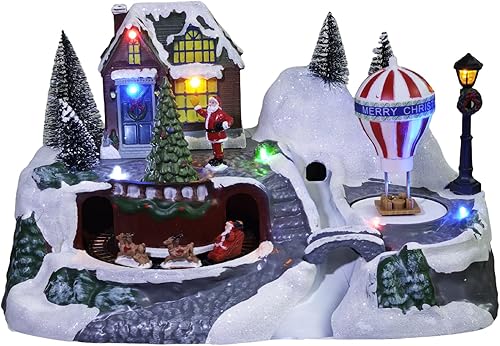 Casa de pueblo navideño con tren, 8 canciones de Navidad y luces LED, edificios coleccionables para decoración interior del hogar de vacaciones