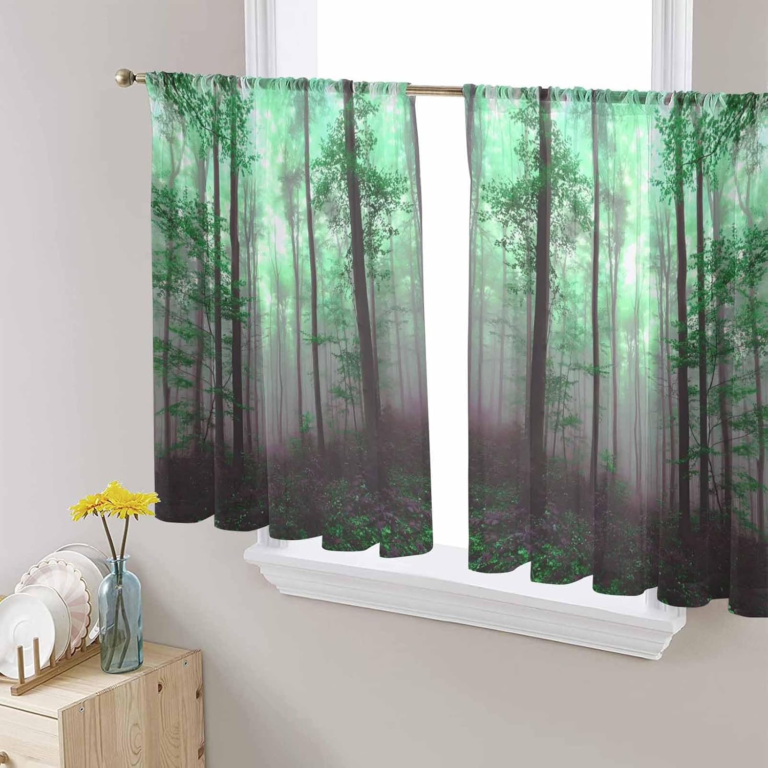 Forest Spring Season Mystic Foggy Enchanted Woods Trees Sheer Curtains 45 Inch Length 2 Panels Set, Green Semi Transparent Voile Rod Pocket Curtains for Living Dining Room Bedroom Drapes