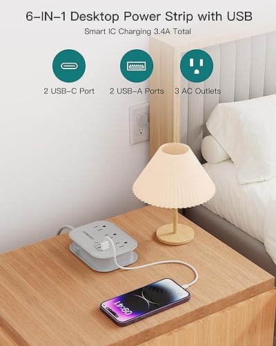 Miniatura 6 de Regleta de alimentación de enchufe plano tira de alimentación de viaje USB, 3 salidas y 3 puertos USB (1 USBC), estación de carga de escritorio,