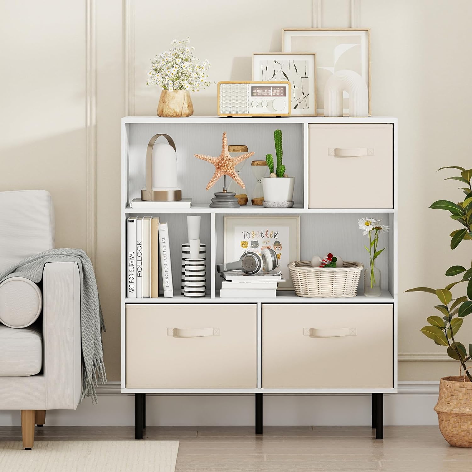 Giantex 6-Cube Bookshelf, 3-Tier White Bookcase with 3 Removable Folding Fabric Drawers, Freestanding Cube Storage Organizer w/Metal Legs, Modern Display Book Shelf for Living Room, Study