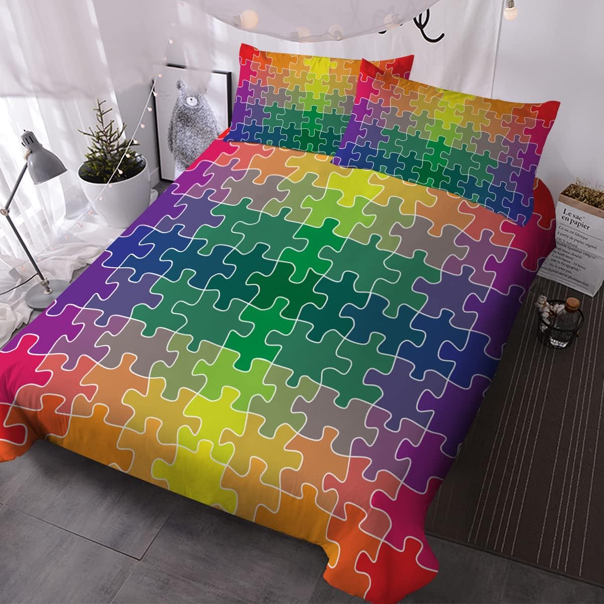 BlessLiving Rainbow Single Bedding Watercolor Jigsaw Puzzle Duvet Cover Abstract Geometric Bed Set 3 Piece Teen Bedding Sets