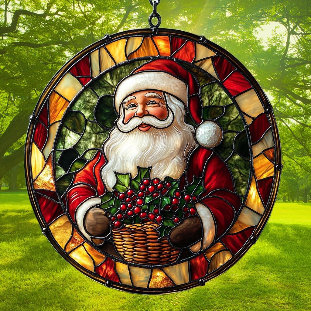 Santa Claus Acrylic Suncatcher Stained Glass Effect Window Car Hanging Christmas Ornament Indoor Outdoor Decor Garden Sun Catcher Panel for Christmas Lover for Women Mom Grandma